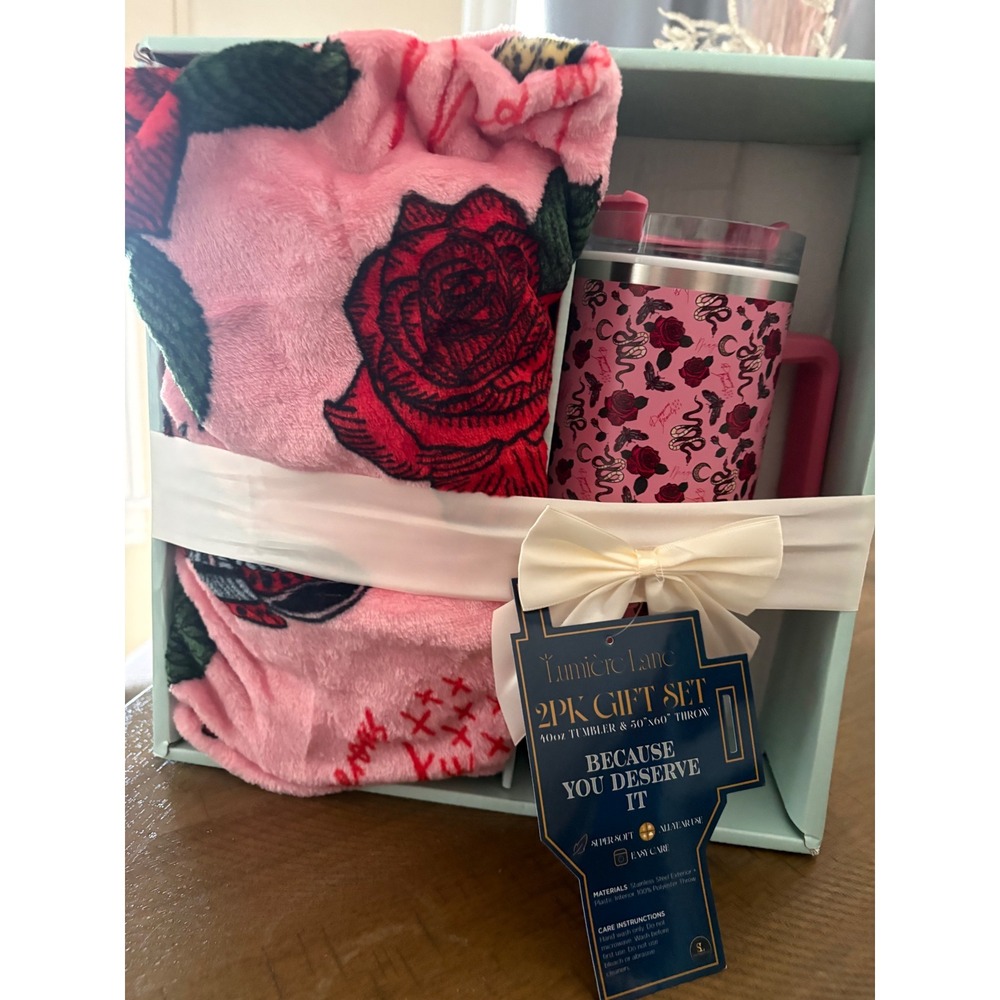 Lumiere Lane 2pc Gift Set 40oz Tumbler & 50x60 Throw Blanket Pink Rose Snake